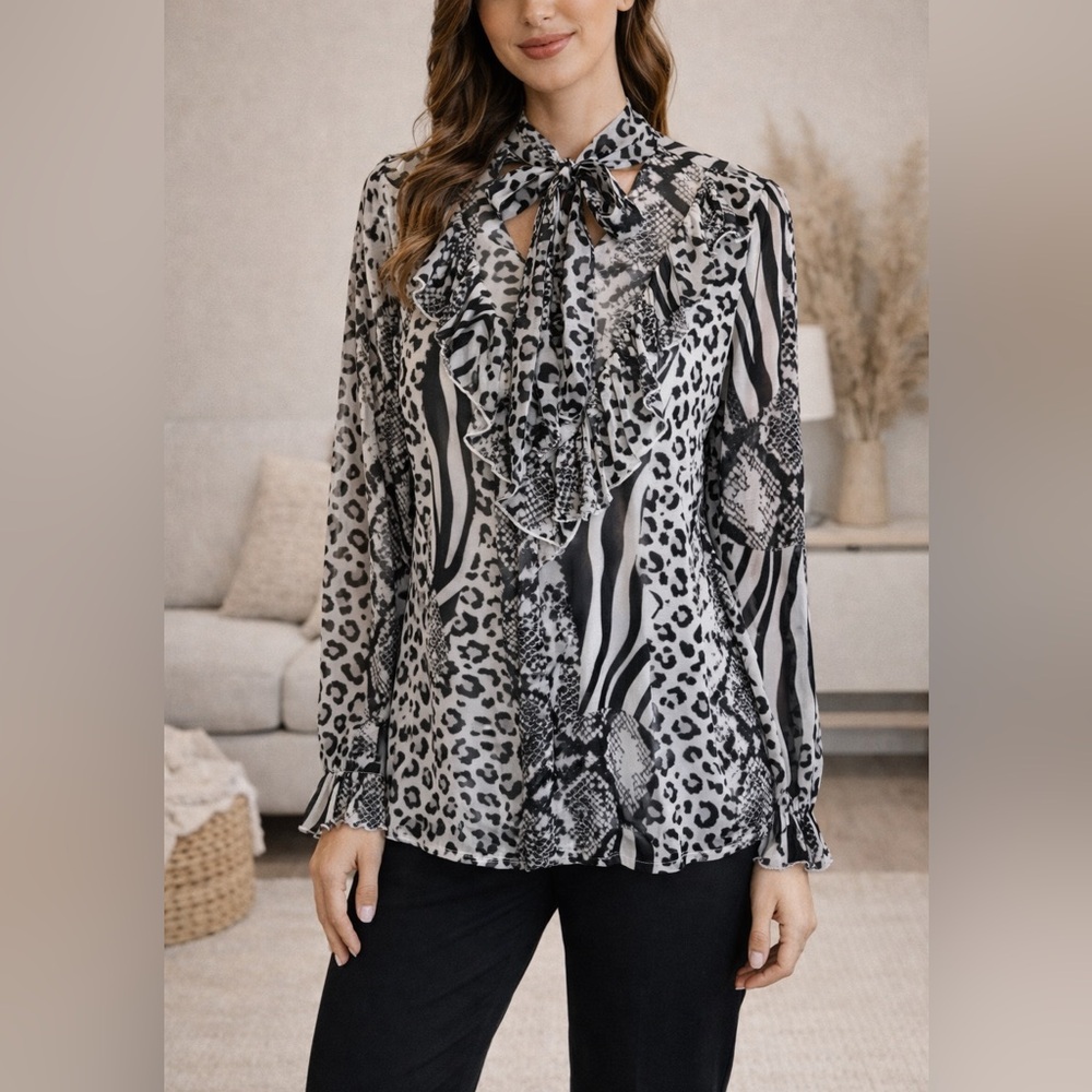 A Love Story Women Animal Print Mesh Ruffled Tie Neck Blouse Long Sleeve Size L